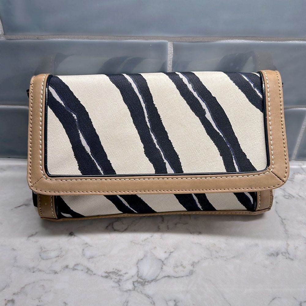 Ann Taylor Loft Navy White Striped Canvas Clutch Bag Tan Trim New with tags‎